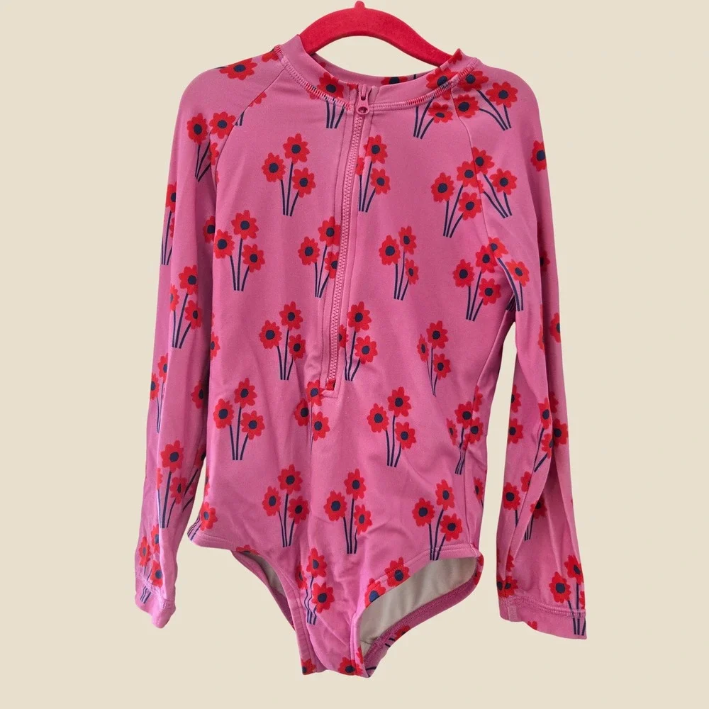 Hanna Andersson Girls Pink Floral Long Sleeve Rash Guard Swimsuit Size 110 US 5